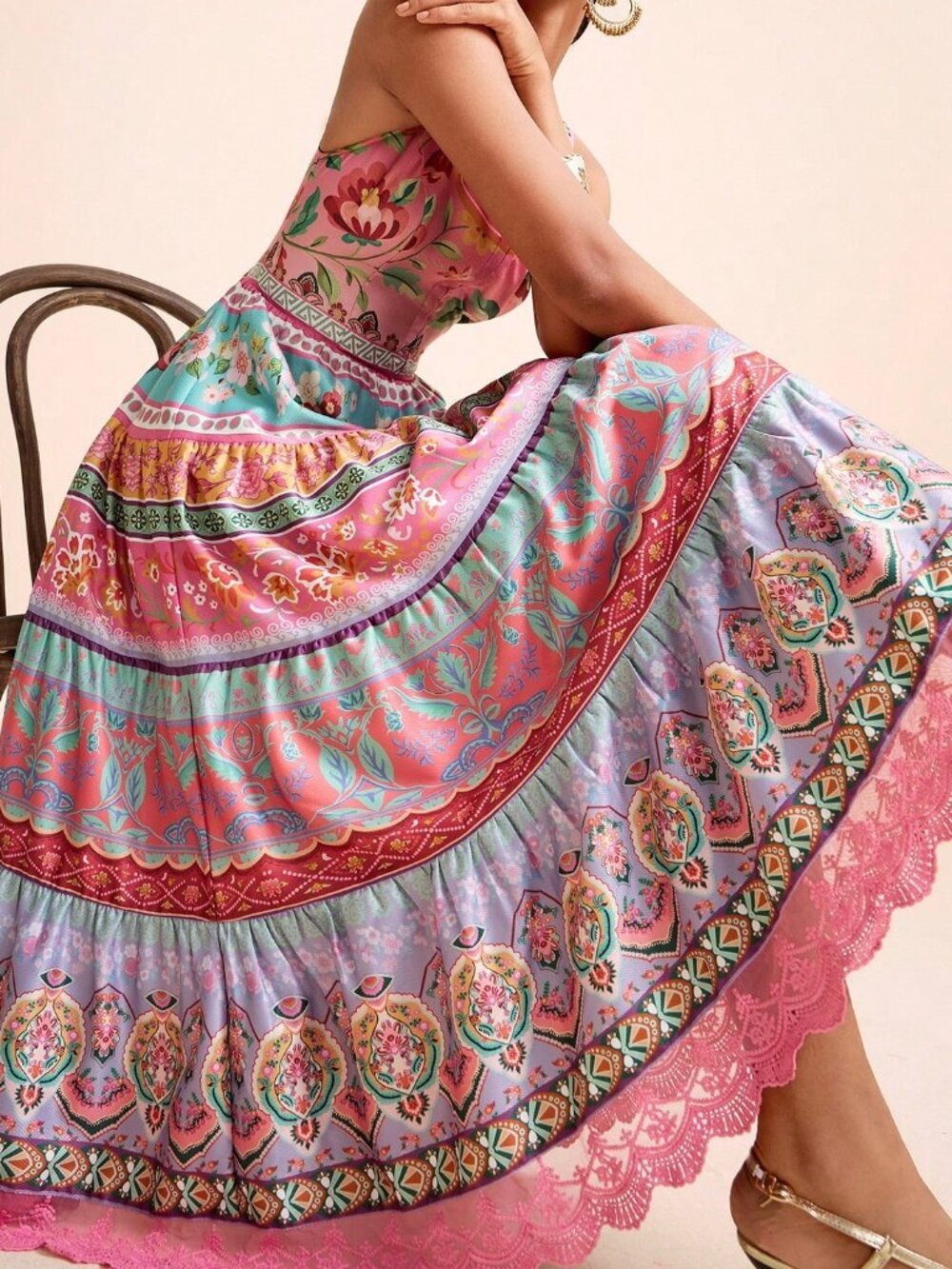 Multicolor Boho Women's Dress Floral Gradient U-Neck Sleeveless Cinched Waist - Picture 1 of 9